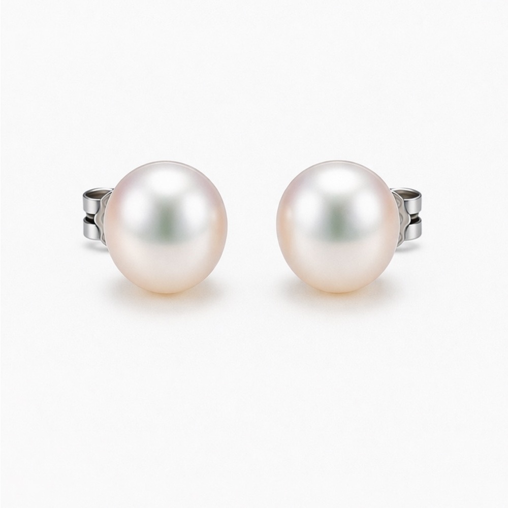 8.5mm Real Freshwater Pearl Stud Earrings 925 Silver + 18K White Gold Luxury